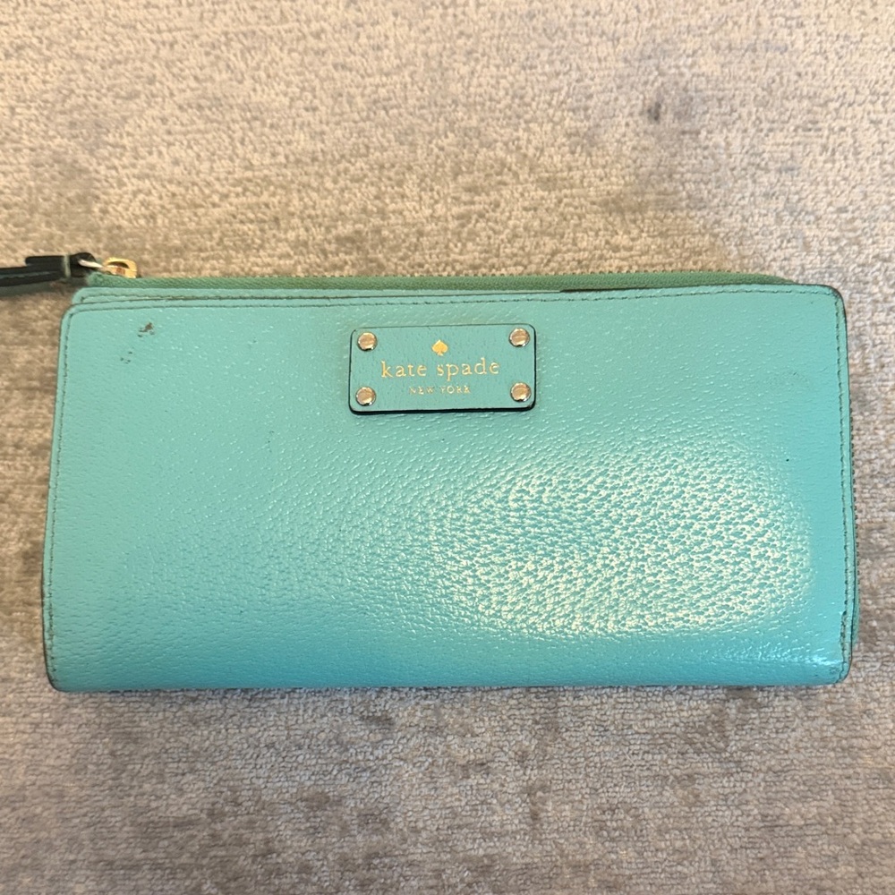 Kate Spade Turquoise Pebbled Leather Zip Around Wallet Wristlet
